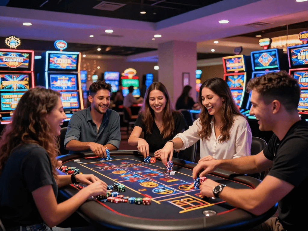 Giocatori felici al tavolo di un casino non aams con luci colorate.
