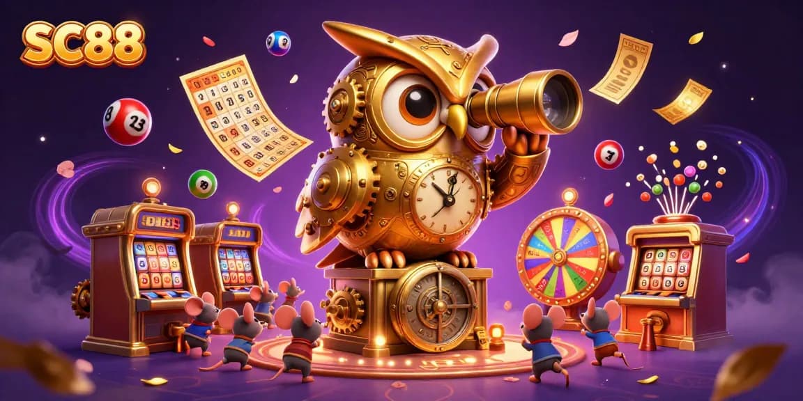 Bet on SC88 with exciting 3D casino elements featuring a golden owl and lottery balls.