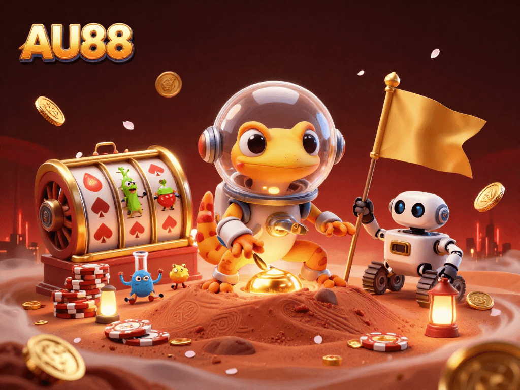 Experience the excitement of AU88 with a Martian gecko discovering a casino in this vibrant digital artwork.