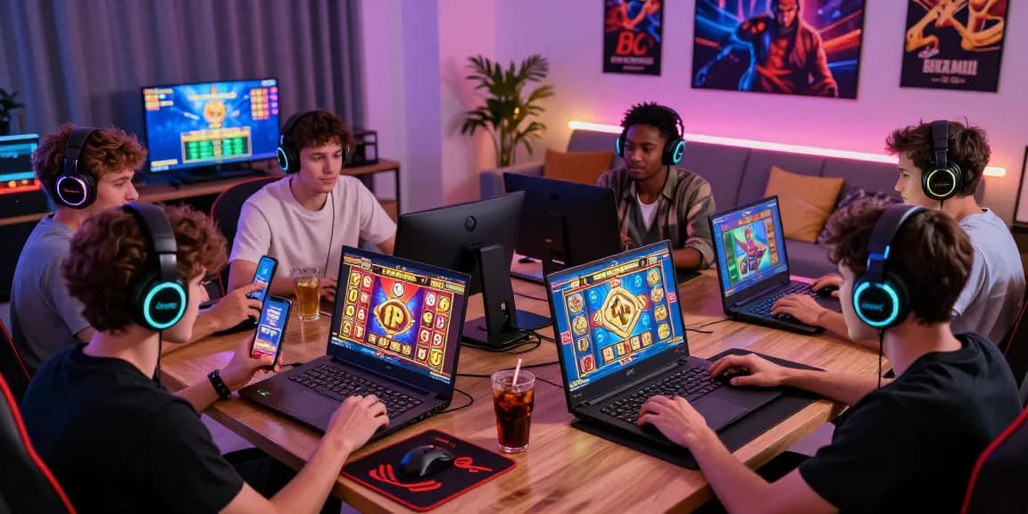 Exciting online gaming scene with players engaged in vibrant slot games showcasing big wins and jackpots.