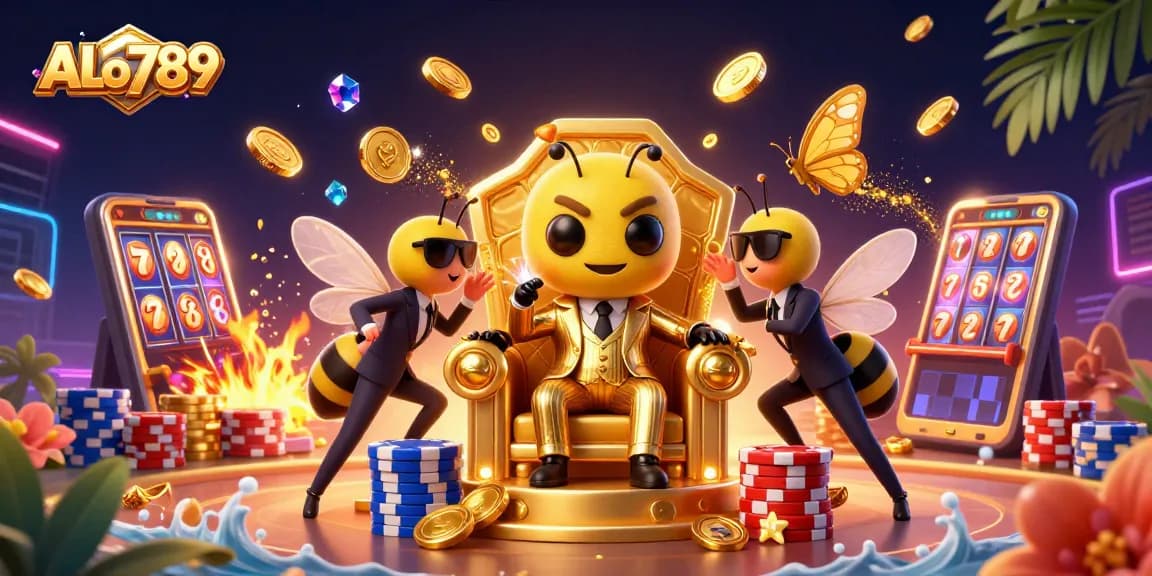 Engage in thrilling ALo789 cockfighting action with dynamic casino elements and buzzing characters.