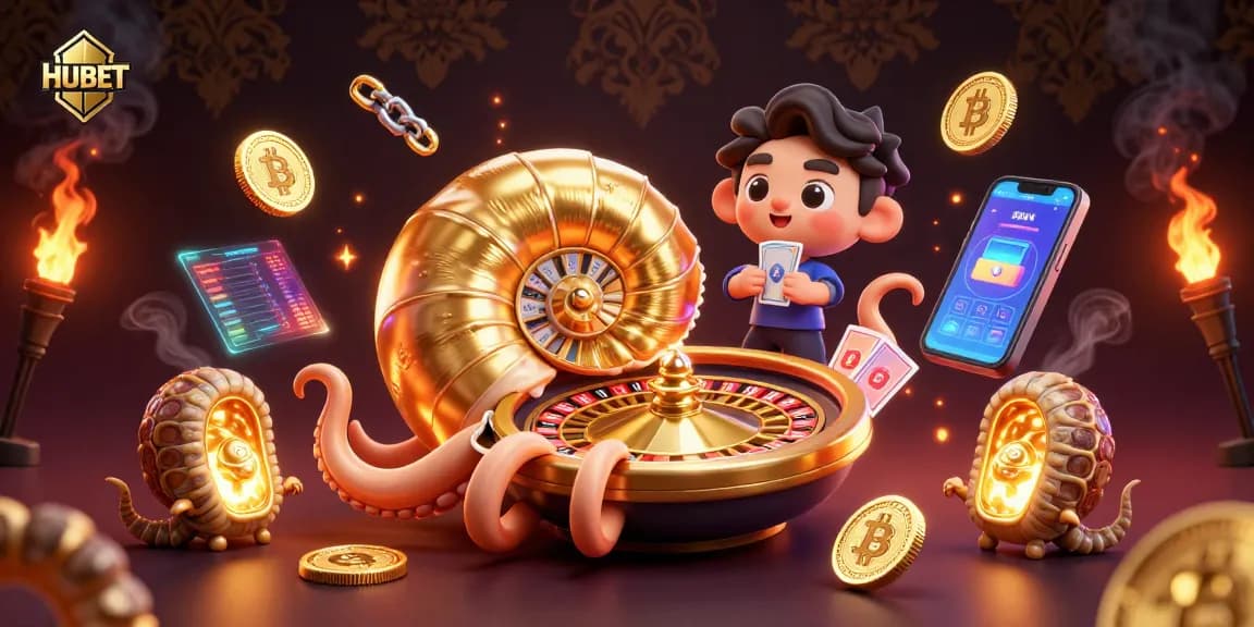 Engage with HUBET's vibrant gaming experience featuring a giant nautilus roulette wheel and crypto elements.