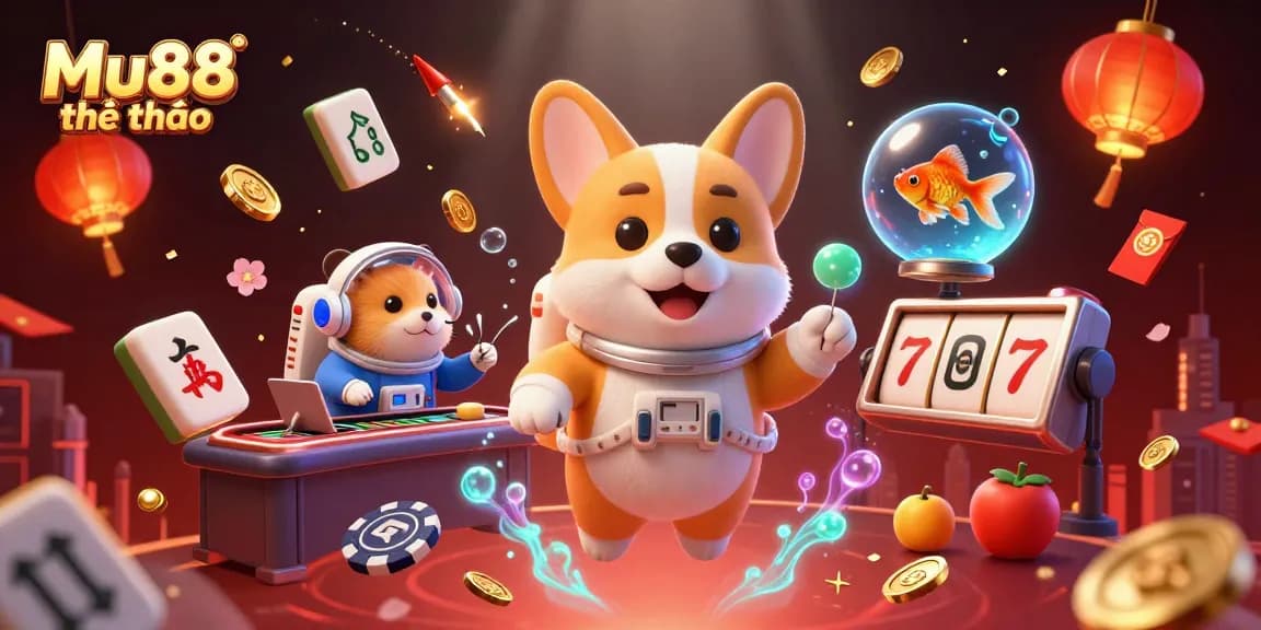Mu88 thể thao gaming scene with a cartoon astronaut corgi and vibrant casino elements