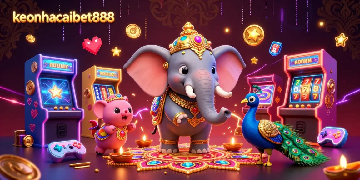 Play vibrant games with keonhacaibet888 featuring a colorful casino scene, slot reels, and lively characters.