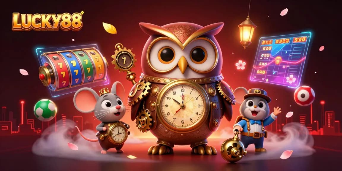 Experience the thrill of LUCKY88 with a 3D illustration combining time-traveling owls, casino elements, and dynamic betting.