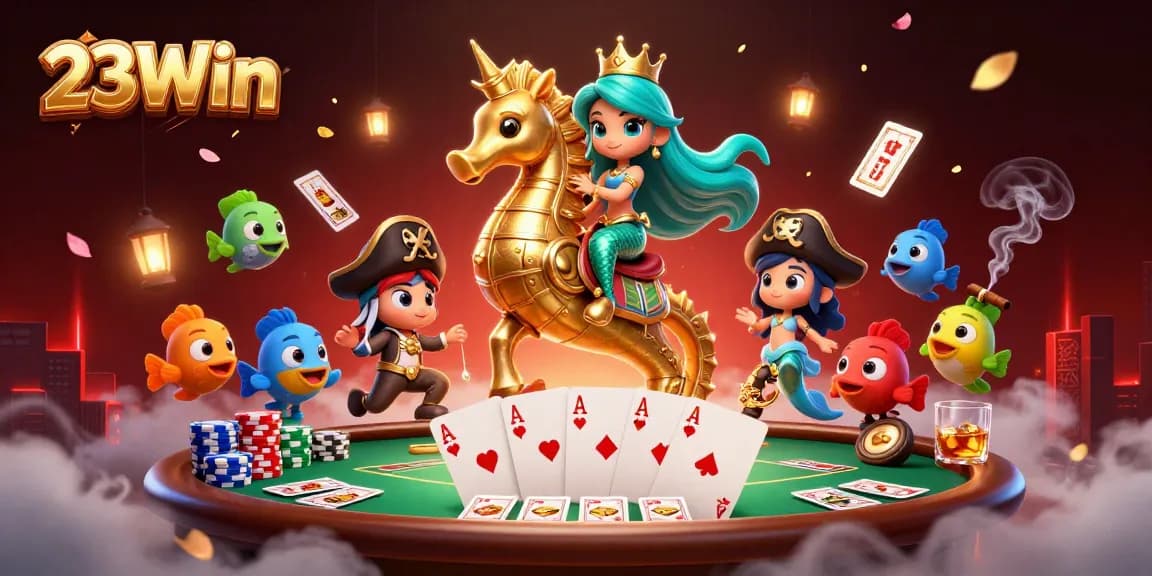 Experience the vibrant world of 23Win with a dynamic casino scene featuring a mermaid princess, giant seahorse, and poker elements.