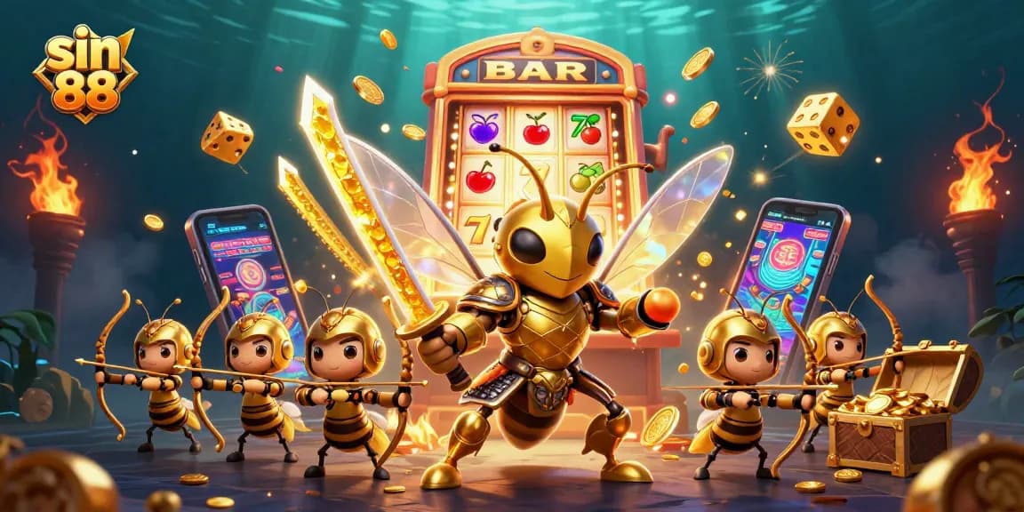 Experience big wins with sin 88 in this vibrant casino-themed illustration showcasing dynamic slot machines and characters.