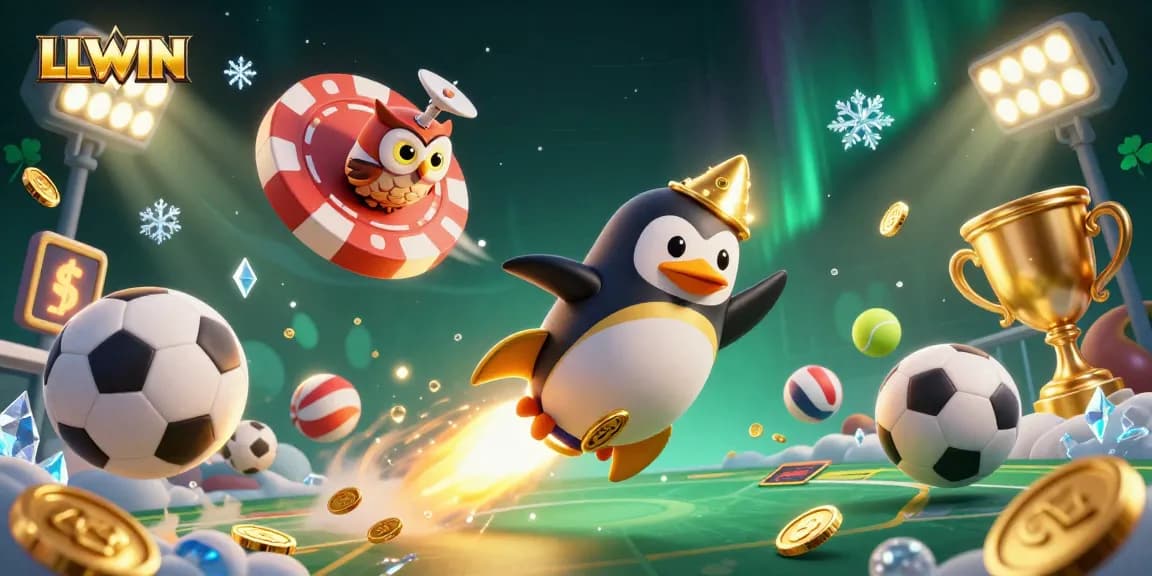 Experience thrilling gaming action with LLWIN in a vibrant 3D casino adventure, featuring a penguin and dynamic sports elements.