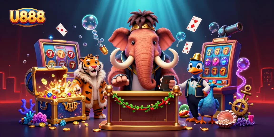 Experience U888 gaming with a vibrant illustration showing a mammoth checking IDs at a busy casino entrance.