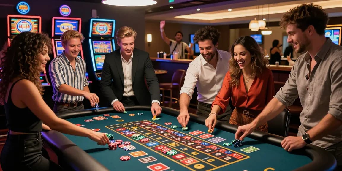Amici che celebrano una vittoria a un tavolo di roulette in un'atmosfera vibrante di un casino online non AAMS.