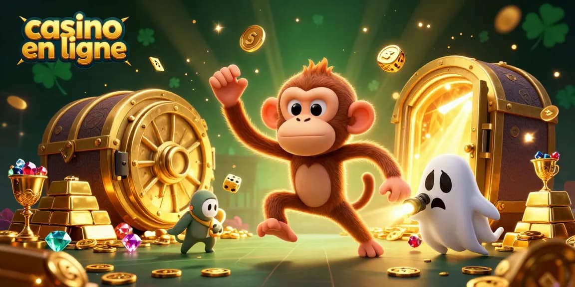 Découvrez le monde palpitant du casino en ligne avec un singe malin et un chiot chasseur, entourés de trésors.