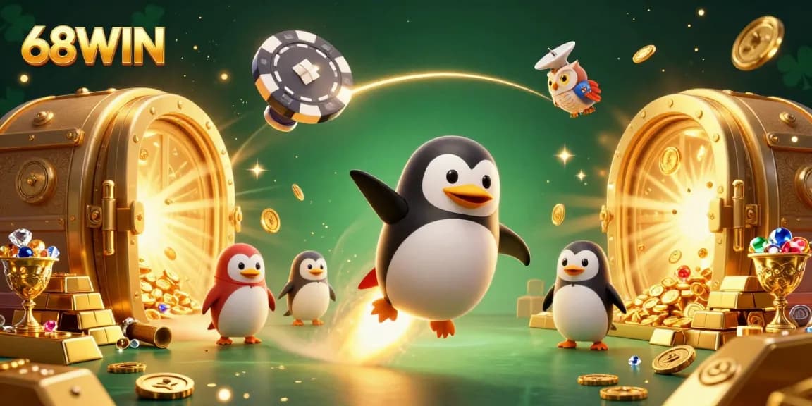 Experience thrilling gameplay with 68WIN, featuring a golden penguin racing towards a poker chip casino.