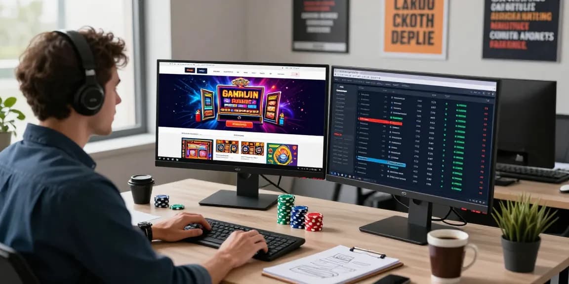 Strategist evaluating casino pbn links package analytics in a vibrant online marketing office setting