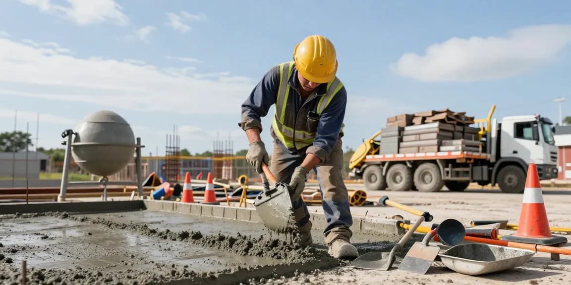 NAGA2000 concrete mix being poured at a professional construction site with various tools and safety measures.