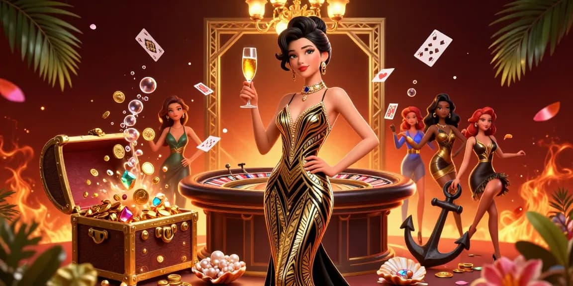Experience the elegance of Net88 with an Asian woman in a glamorous casino setting, amid floating playing cards and treasures.