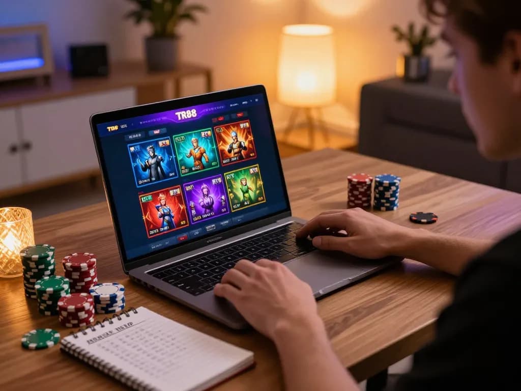 Player engaging with TR88 casino on a laptop, showcasing vibrant game interface and cozy home setup.