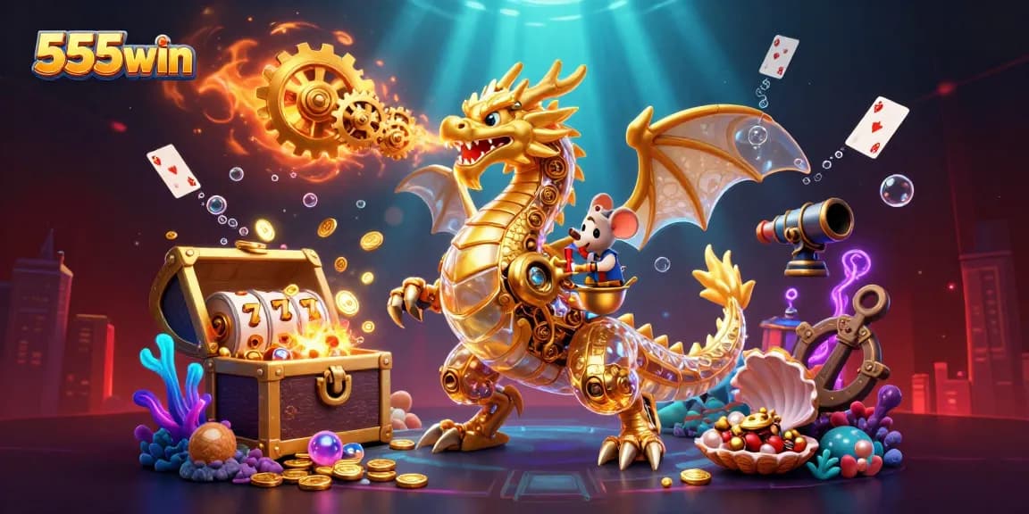 Experience the thrill of 555win with a dynamic illustration showcasing slots, treasures, and a vibrant dragon scene.