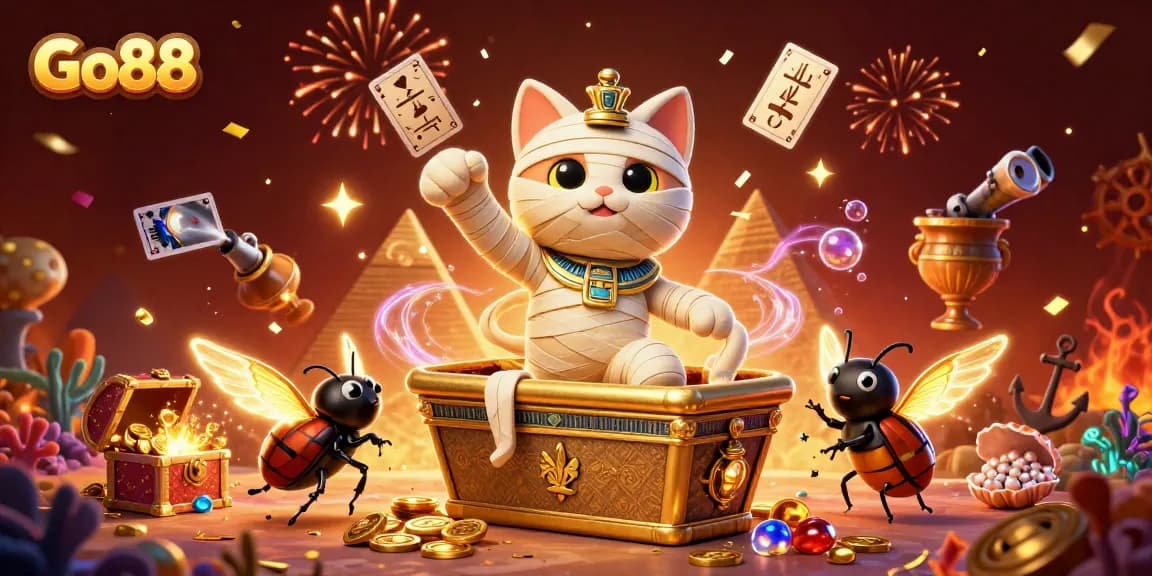 Go88 captivates players with a vibrant illustration of a mummy cat and its treasures in a casino