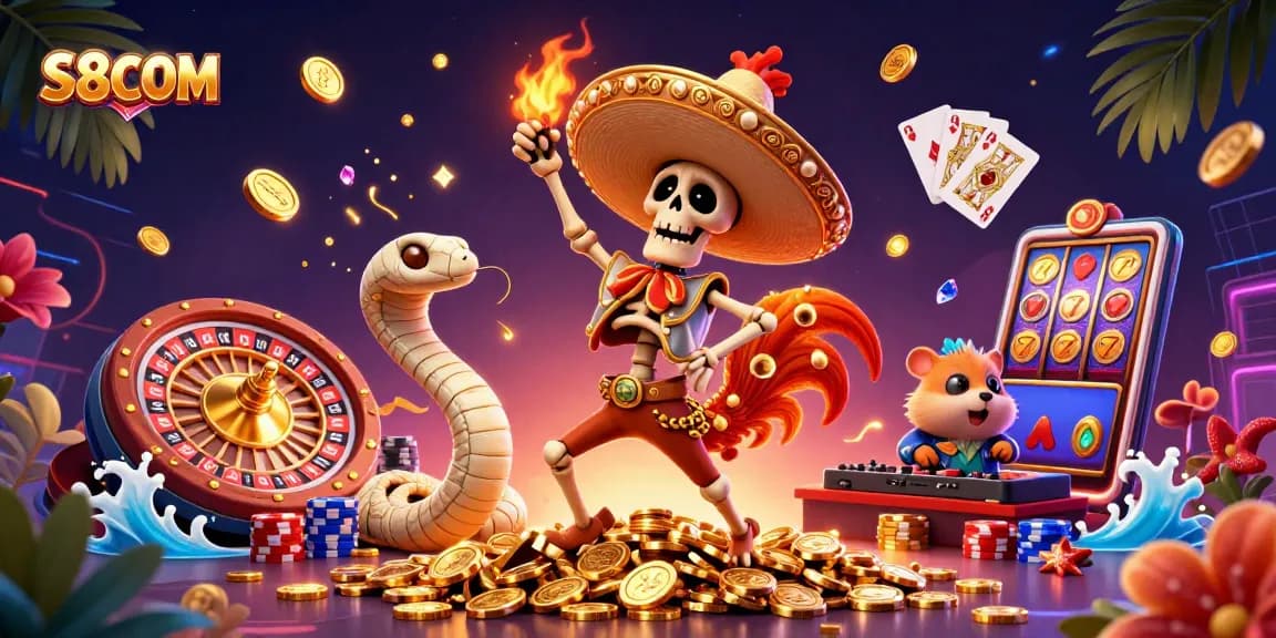 Experience thrilling gameplay with S8COM, featuring vibrant characters and dynamic casino elements.