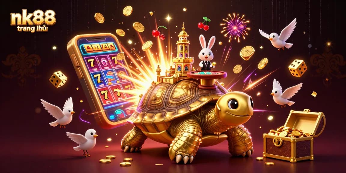 Experience the excitement at nk88 trang chủ with the golden tortoise casino scene full of gaming elements.