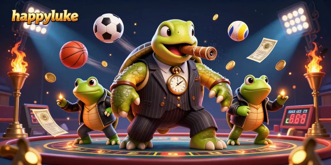 Experience happyluke's exciting casino world with a 3D illustration of a turtle mobster and bullfrog enforcers in action.