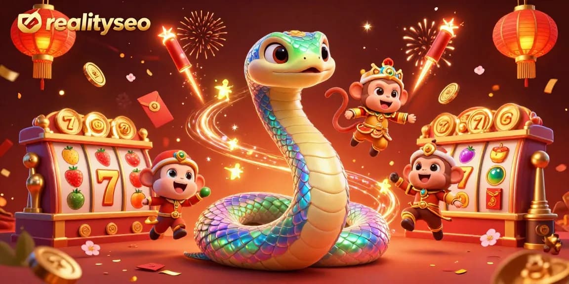 Experience vibrant casino excitement with realityseo's colorful 3D illustration showcasing dynamic slot reels and festive elements.