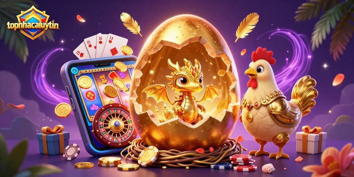 Experience the excitement at topnhacaiuytin with a stunning illustration of a golden dragon and poker chips in a vibrant casino scene.