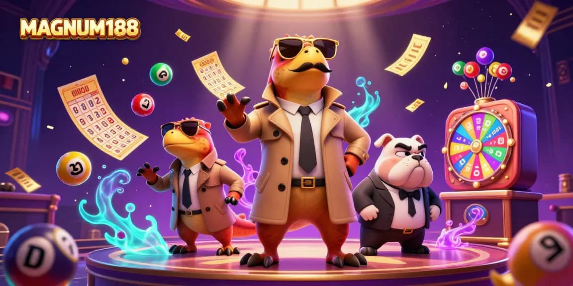 Experience MAGNUM188 excitement in a 3D cartoon world filled with colorful lottery elements.