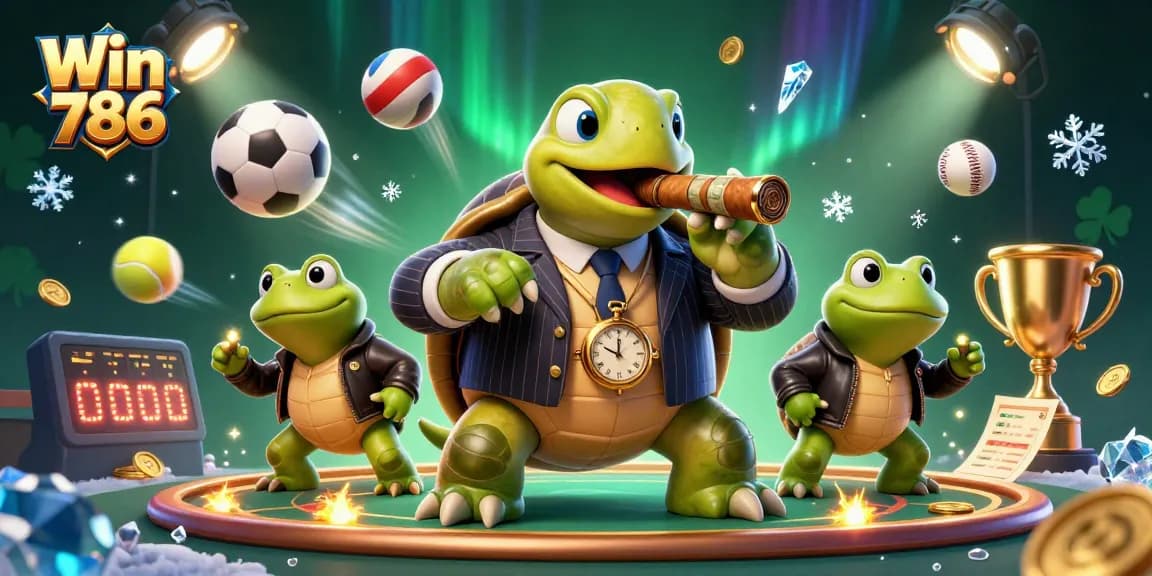 Win 786 showcases a lively casino scene with a turtle mobster and frog enforcers celebrating victory.