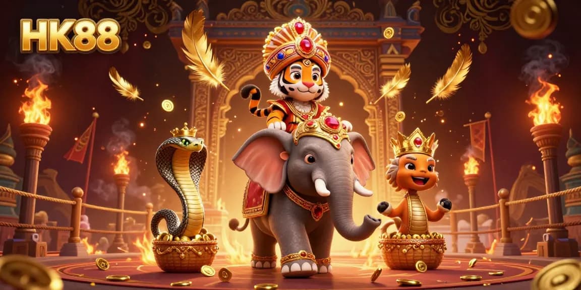 Engage in thrilling gaming at HK88, featuring a majestic maharaja tiger with a jewel elephant and cobra amidst a vibrant gambling backdrop.