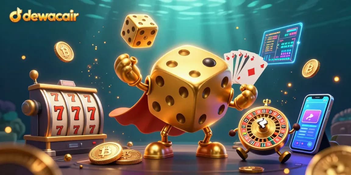 Experience gaming excitement at dewacair with a dynamic 3D casino illustration showcasing golden dice and slot reels.