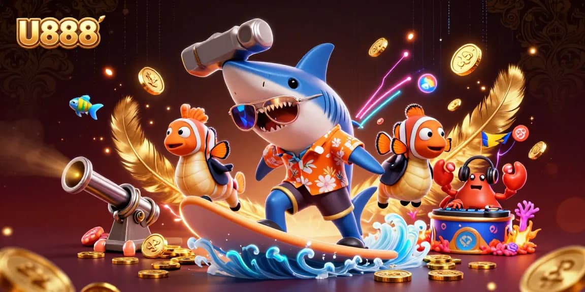 U888's thrilling underwater casino adventure featuring a shark, clownfish, and crab in a vibrant gaming scene.