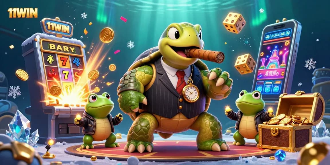 Experience thrilling slots and casino action with 11WIN's colorful 3D under-the-sea illustration.