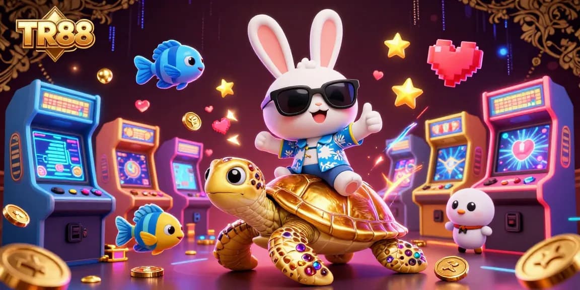 Experience excitement with TR88's vibrant casino adventure showcasing a lucky rabbit and a golden turtle.