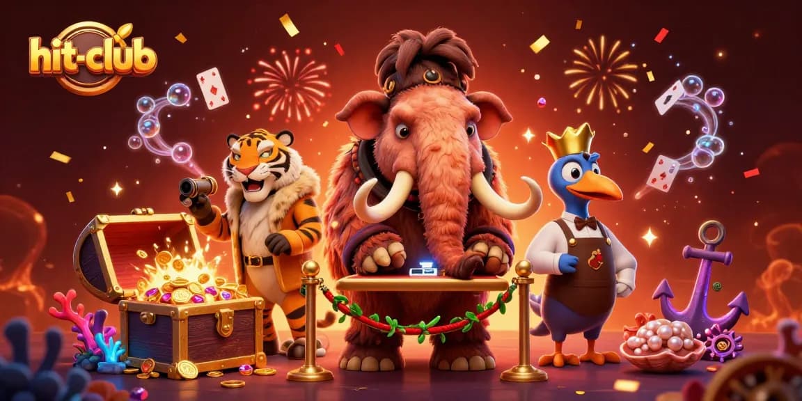Exciting hit-club scene with a woolly mammoth bouncer and saber-tooth guest ready for the casino adventure.