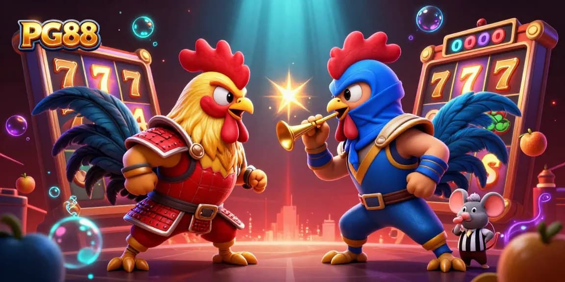 Engage with thrilling PG88 slots as roosters battle in a vibrant casino scene filled with jackpot excitement.