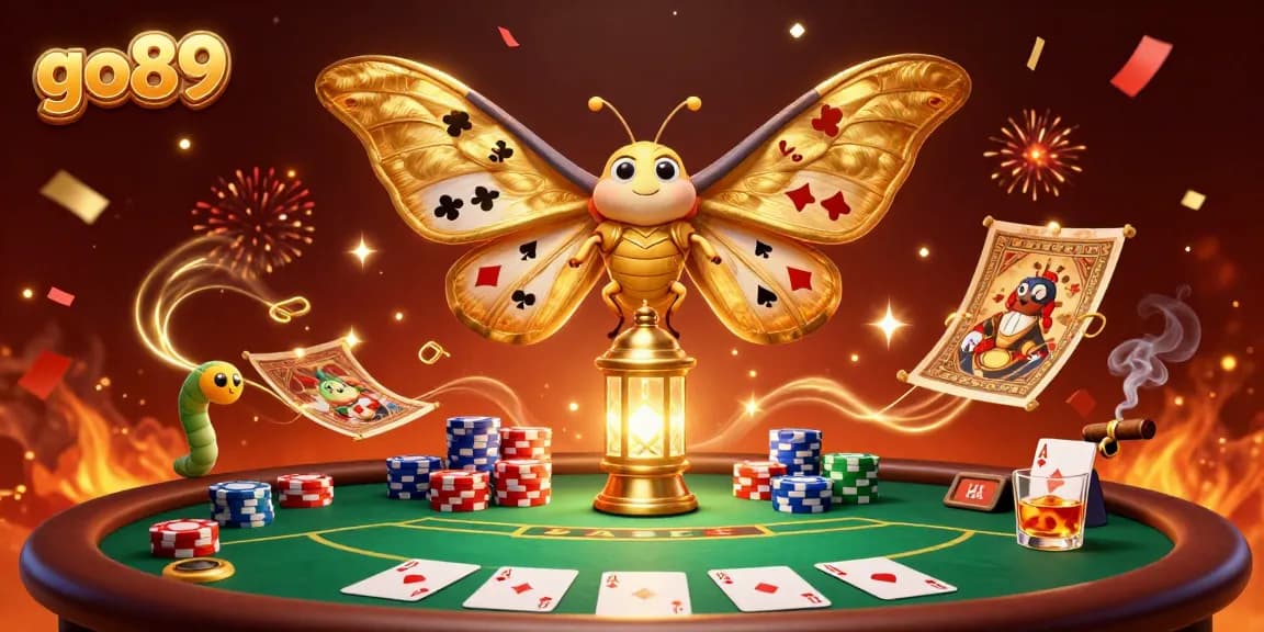 Experience the excitement of go89 with a vibrant casino scene featuring golden moths and poker elements.