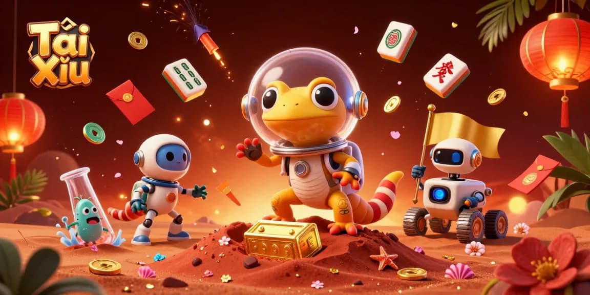Tài Xỉu gameplay showcases vibrant 3D characters celebrating wins in a dynamic casino environment.