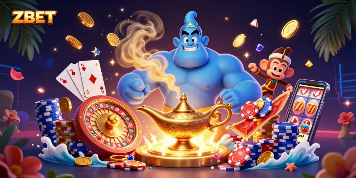 ZBET casino scene featuring a blue genie with a magic carpet and poker chips, demonstrating winning fortune.