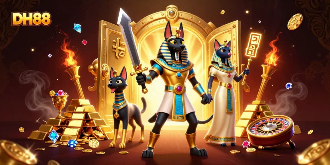Win big with DH88 at the vibrant casino scene, featuring Anubis and Bastet surrounded by treasures.