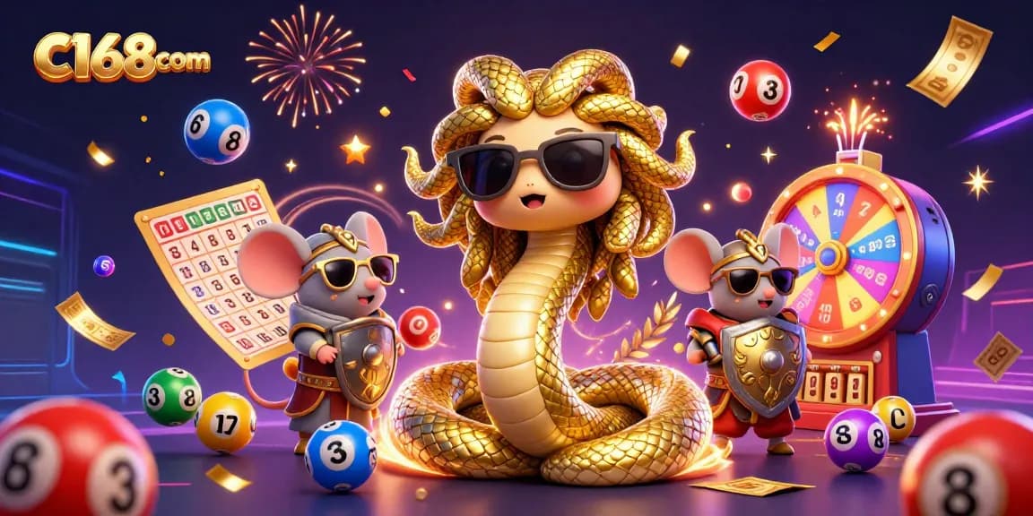 Engage in thrilling gaming with c168com's vibrant lottery scene featuring Medusa and a warrior mouse.