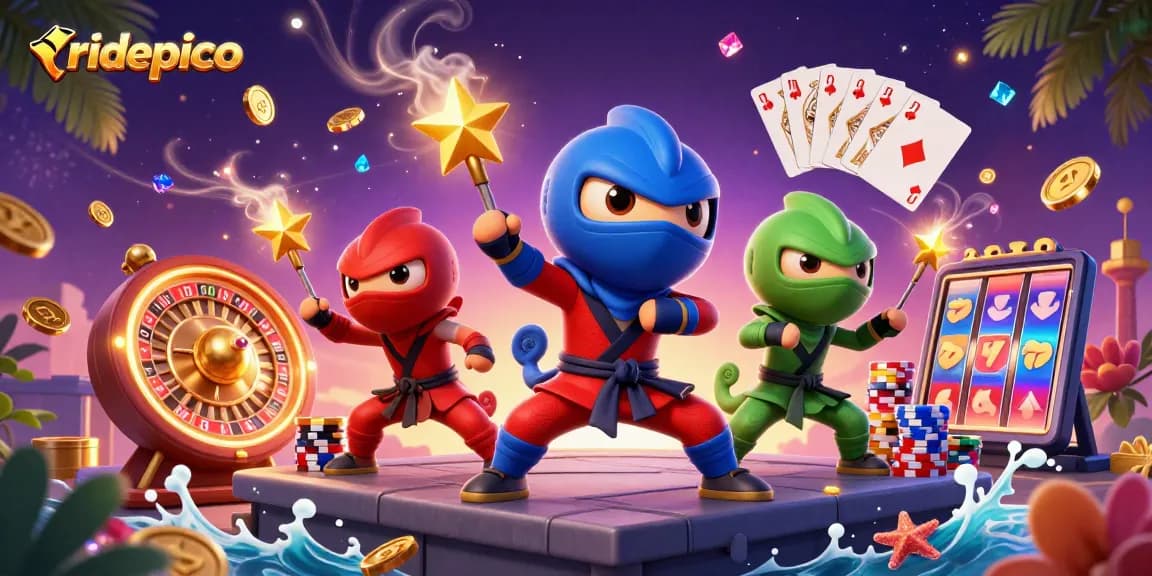 Ridepico's ninja chameleon team showcases winning gameplay with golden coins and dazzling slot machine reels.
