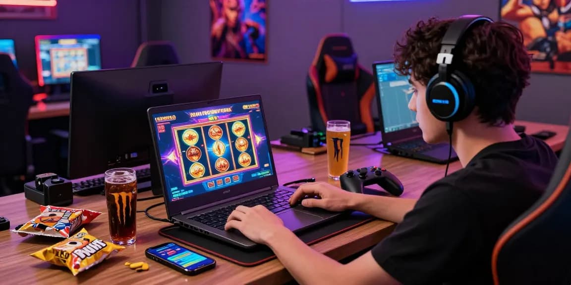 Gamer immersed in JPTOTO online slot gameplay with vibrant graphics and neon lighting.
