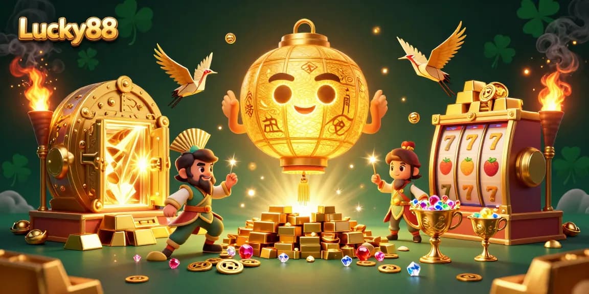 Experience Lucky88 with a captivating scene featuring golden lantern spirit, slot elements, and vibrant treasures