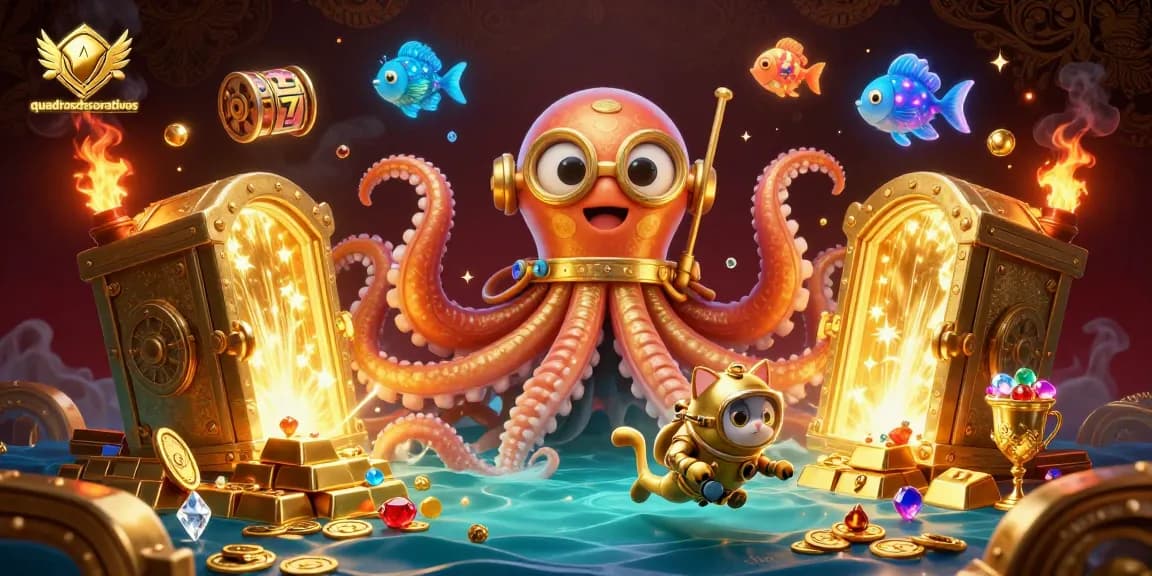 Experience winning moments with quadrosdecorativos, showcasing a kraken, diving cat, and slot symbols.