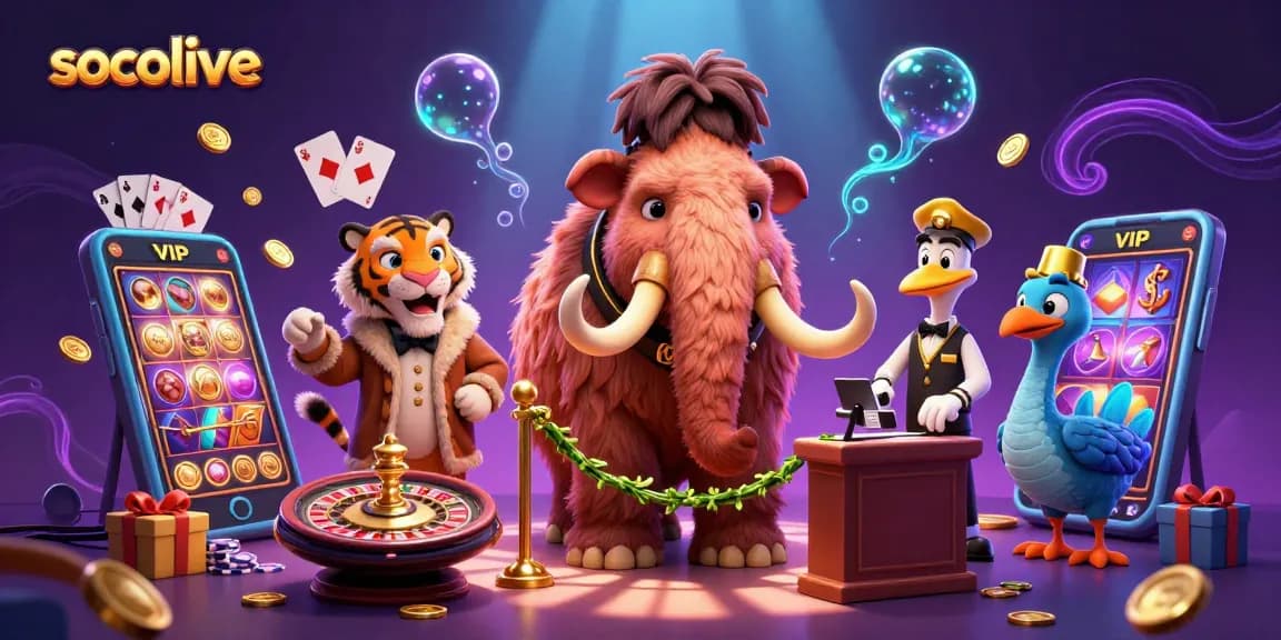 Socolive brings excitement as a cartoon mammoth checks IDs at a vibrant casino entrance with dynamic gaming elements.