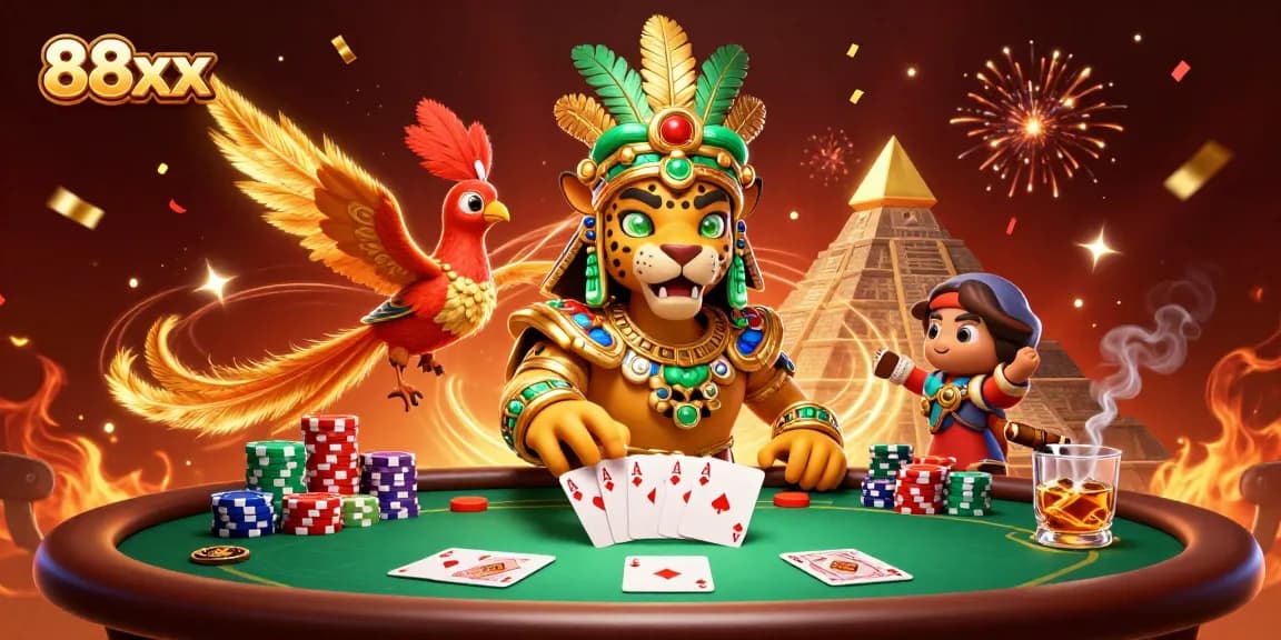 Engage in thrilling gameplay at 88xx, featuring vibrant 3D illustrations of a Mayan jaguar priest and poker elements.