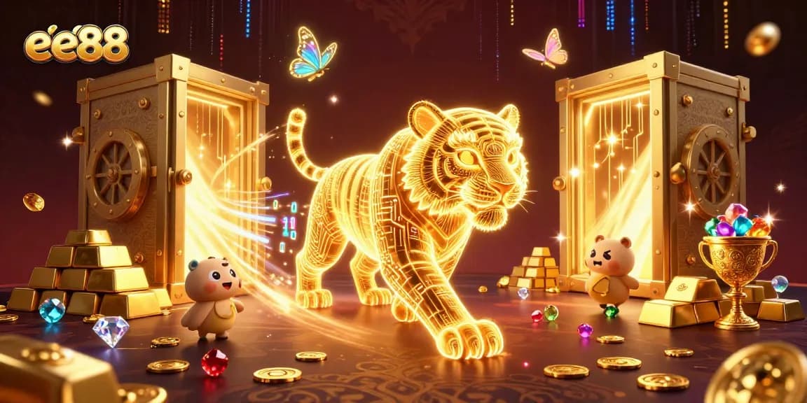 Engage with thrilling slots and games at ee88, featuring a golden tiger amidst treasures in a vibrant casino.