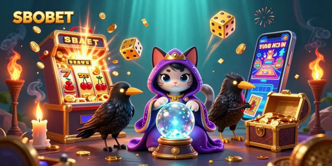 SBOBET showcases a vibrant 3D scene with casino-themed characters and elements celebrating gaming excitement.