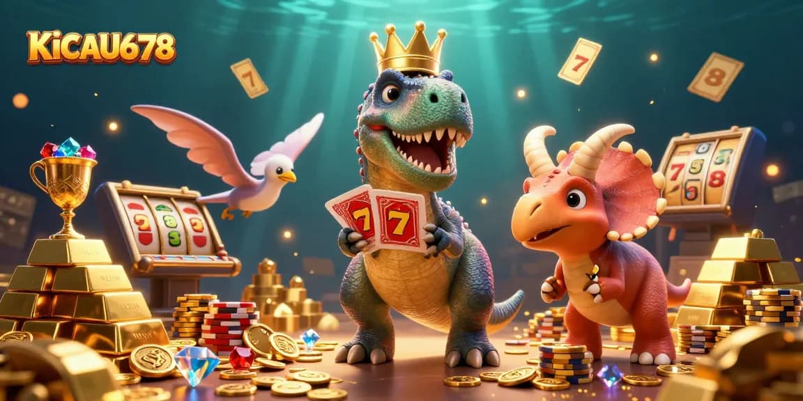 KICAU678 engages in fun card games with a T-Rex, pterodactyl, and triceratops amid dazzling casino treasures.